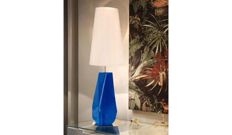 Feel Big - Lampe de table bleue, éclairage design en fibre de verre, feuilles d'argent, acier inoxydable et soie