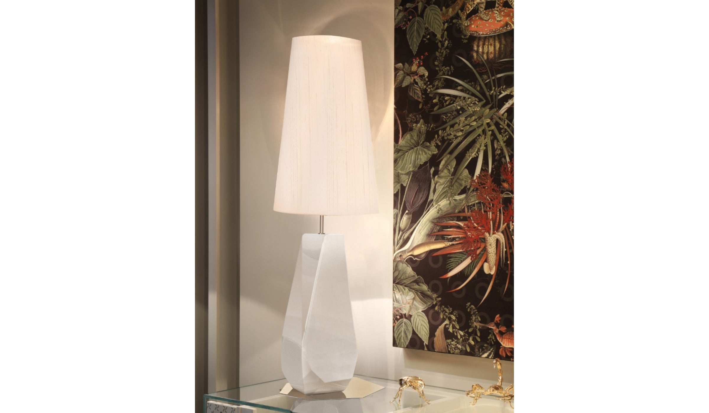 Feel Big - Lampe de table blanche, éclairage design en fibre de verre, feuilles d'argent, acier inoxydable et soie