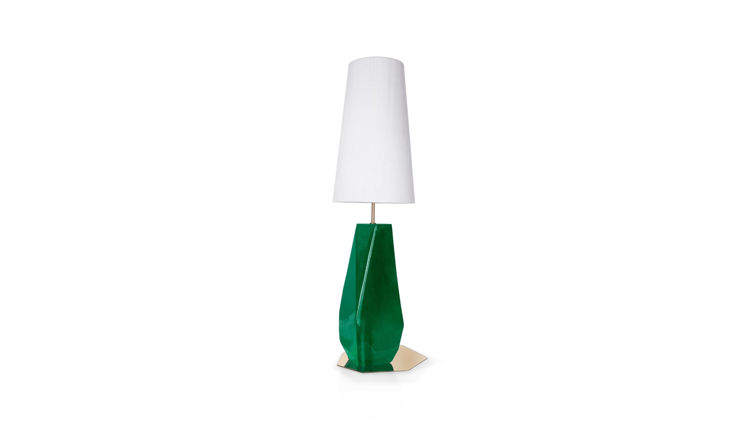 Feel Big - Lampe de table verte, éclairage design en fibre de verre, feuilles d'argent, acier inoxydable et soie