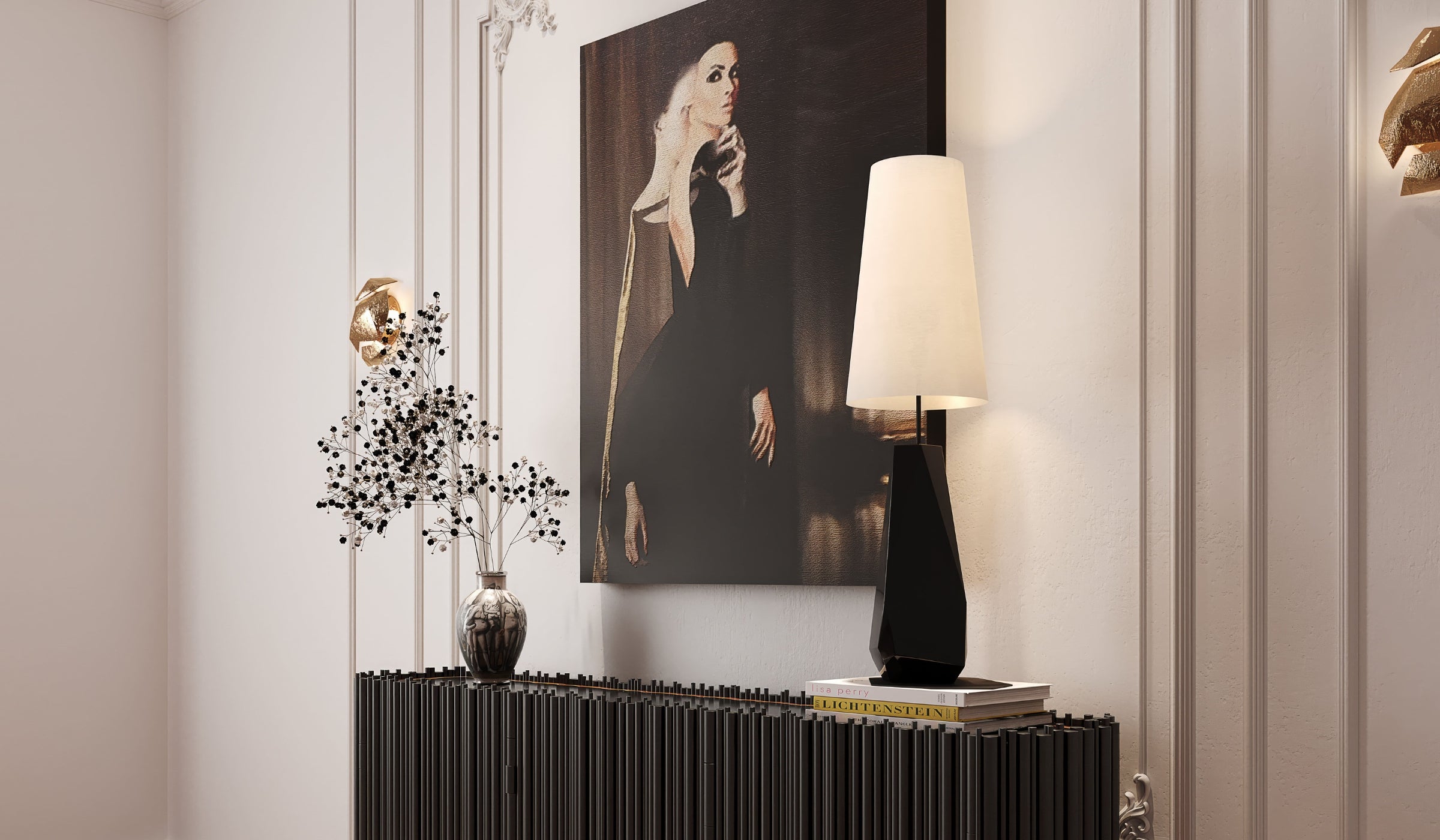 Feel Big - Lampe de table noire, éclairage design en fibre de verre, feuilles d'argent, acier inoxydable et soie