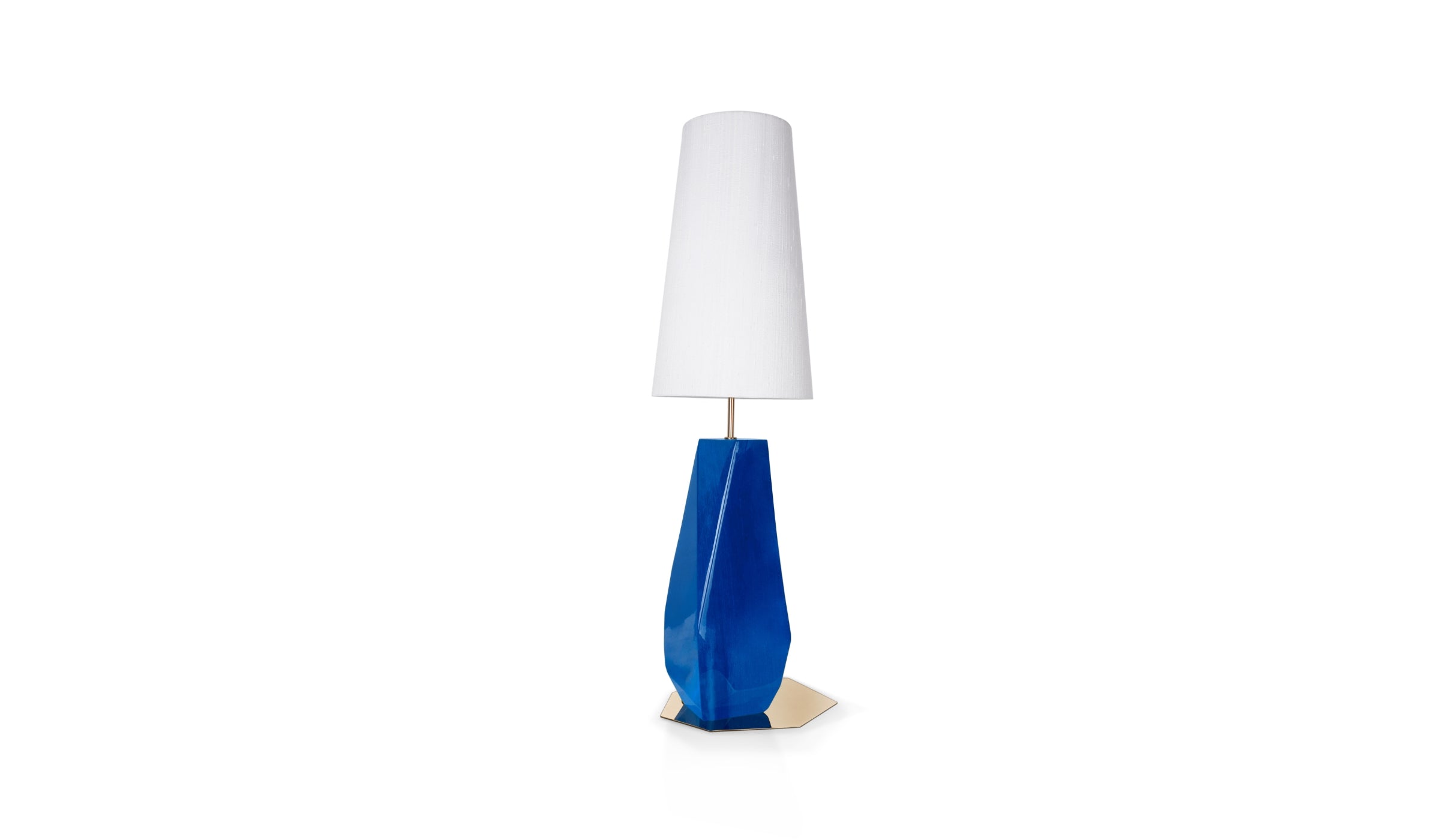 Feel Big - Lampe de table bleue, éclairage design en fibre de verre, feuilles d'argent, acier inoxydable et soie