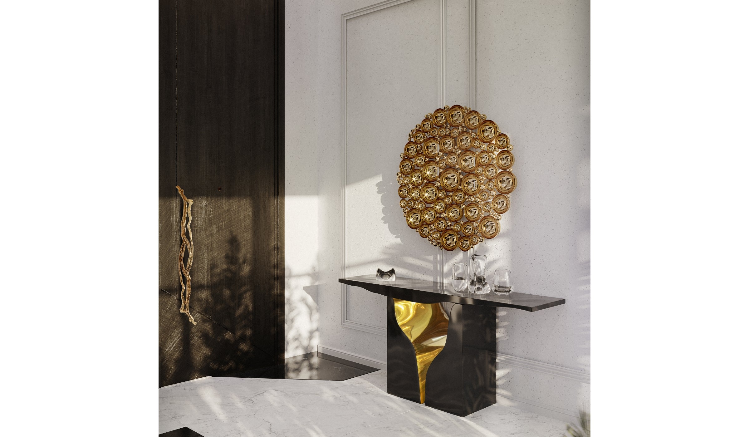 Lapiaz - Handcrafted console inspired by karst formations, black lacquered and brass interior