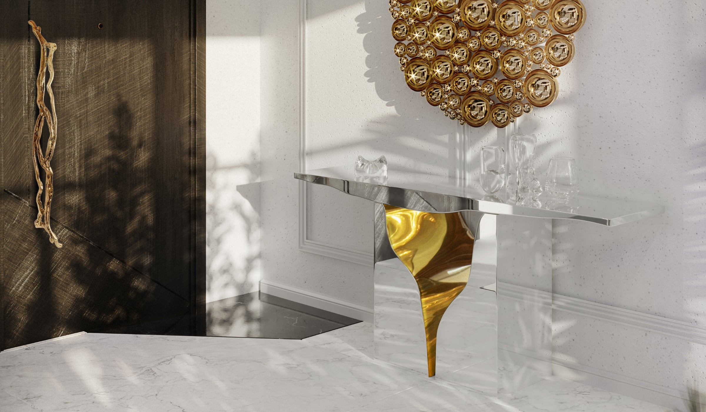 Lapiaz - Handcrafted console inspired by karst formations, mirror effect finish and brass interior
