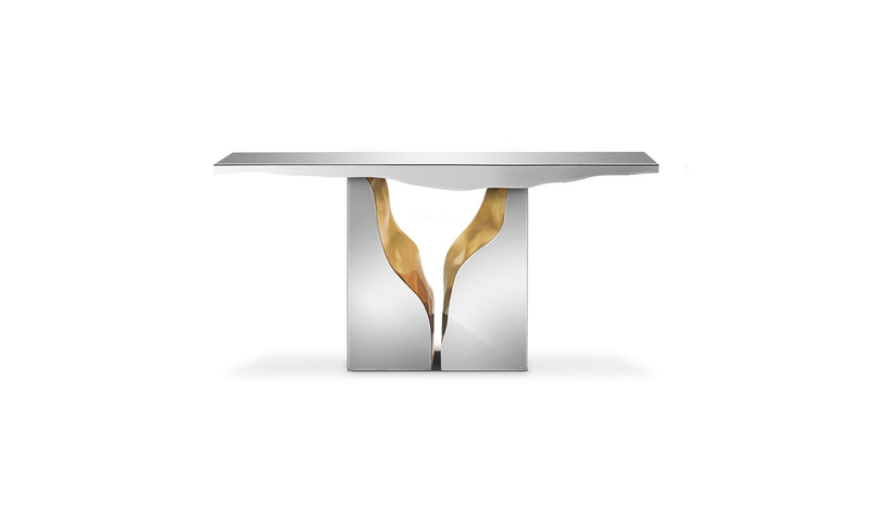 Lapiaz - Handcrafted console inspired by karst formations, mirror effect finish and brass interior