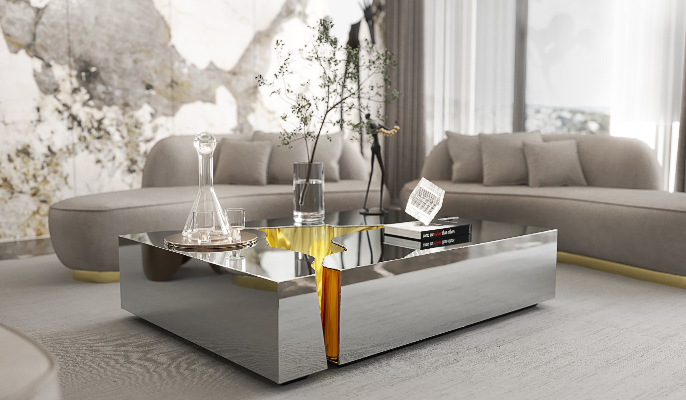Lapiaz - Sculptural coffee table, elegance and refinement in mirror-effect stainless steel and brass