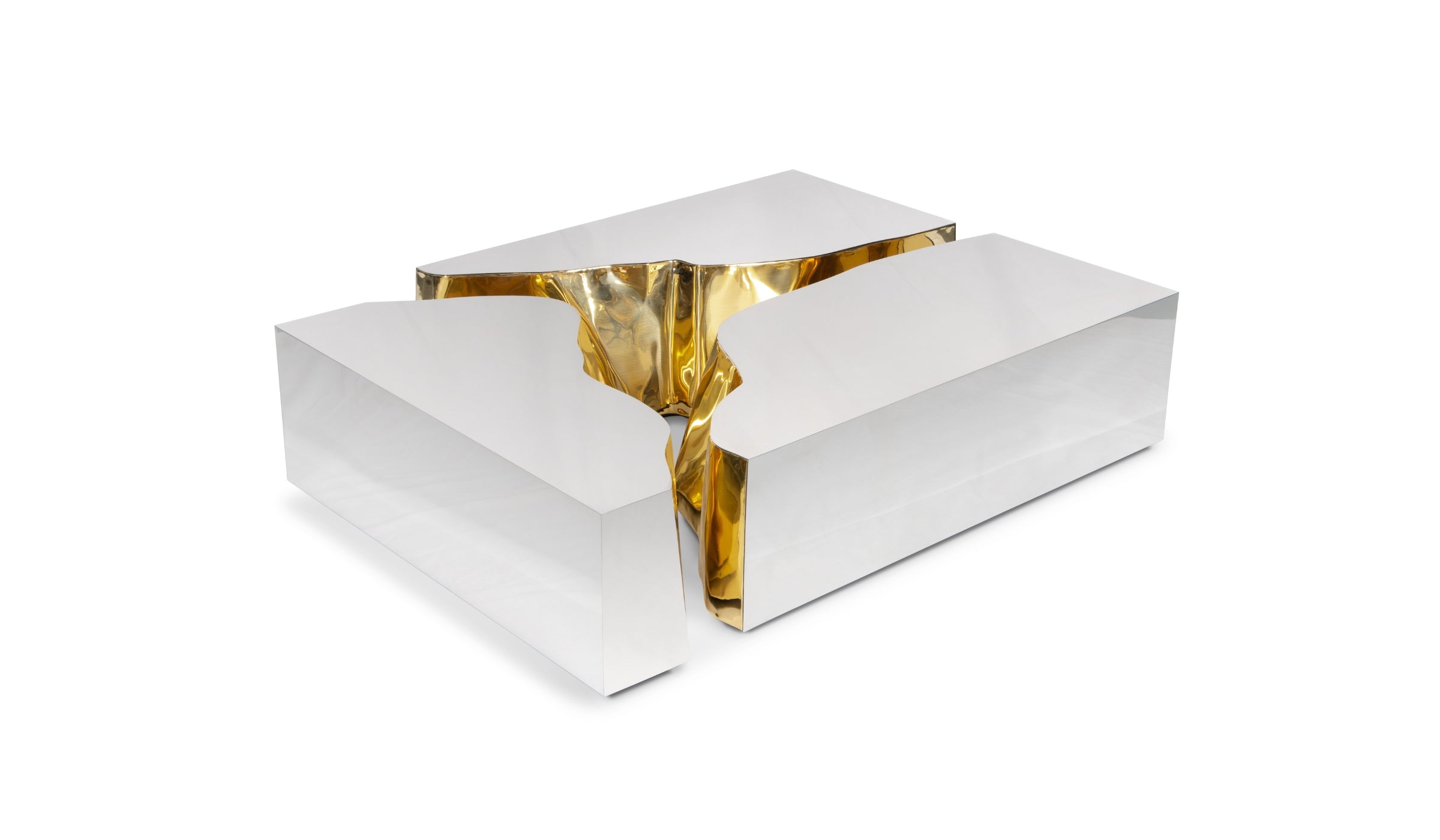 Lapiaz - Sculptural coffee table, elegance and refinement in mirror-effect stainless steel and brass