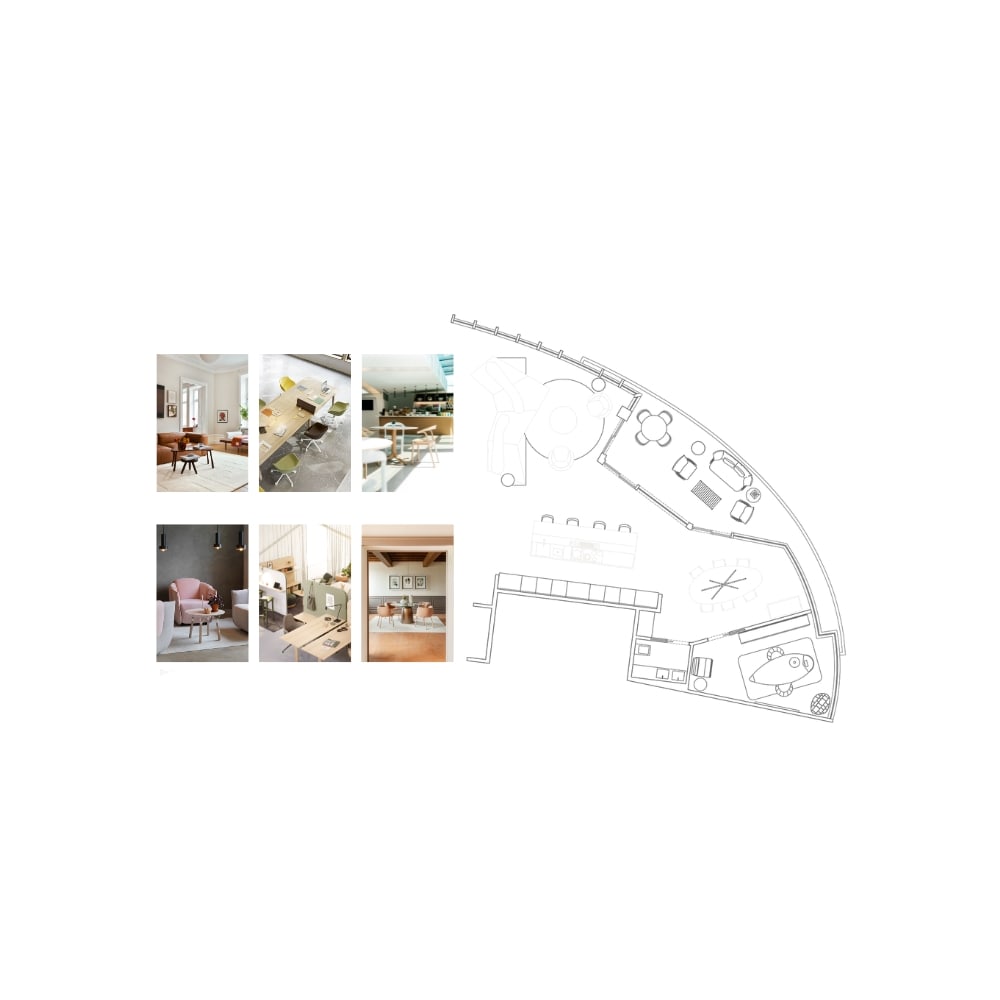 Plan architectural d’un espace avec une sélection d’images d’inspiration pour l’aménagement et le mobilier.