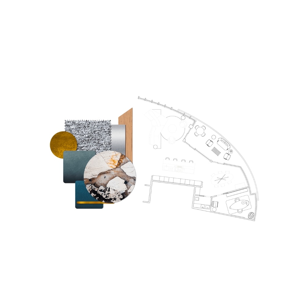 Plan architectural d’un espace avec une sélection de matériaux d’inspiration pour l’aménagement et le mobilier.