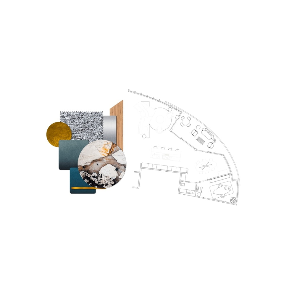 Plan architectural d’un espace avec une sélection de matériaux d’inspiration pour l’aménagement et le mobilier.