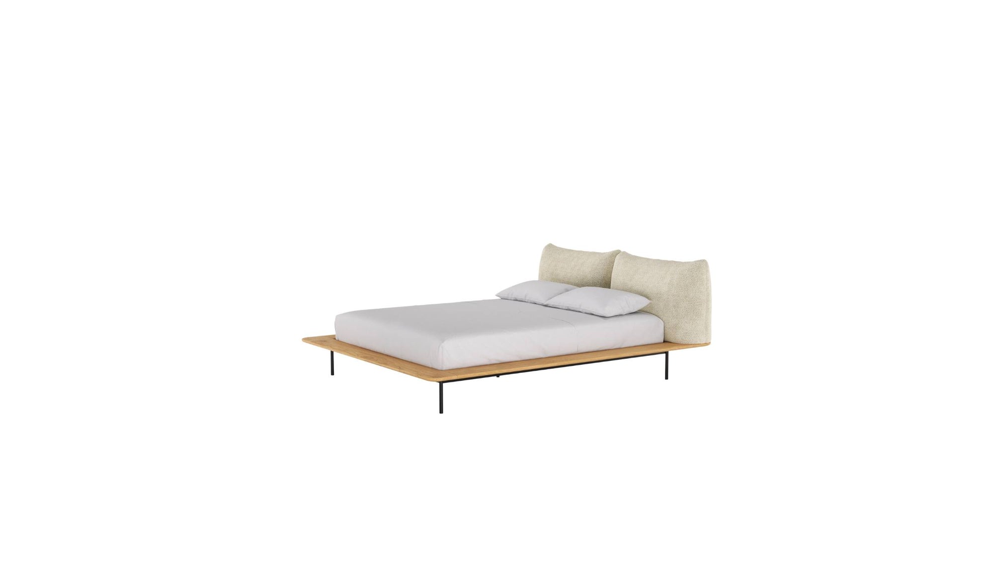 Lit Platform de Wewood en bois massif de chêne, avec tête de lit textile intégrée, vu de trois quarts sur fond blanc