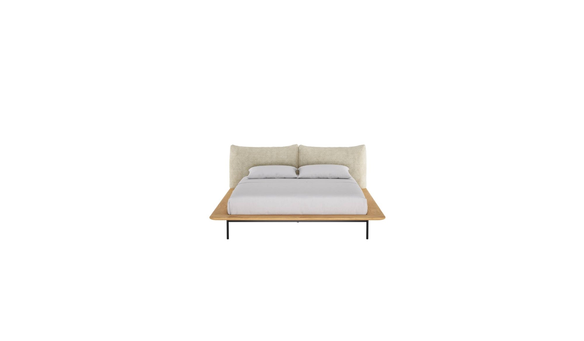 Lit Platform de Wewood en bois massif de chêne, avec tête de lit textile intégrée, vu de face sur fond blanc