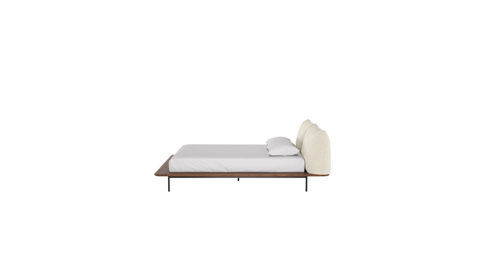 Lit Platform de Wewood en bois massif de noyer, avec tête de lit textile intégrée, vue latérale sur fond blanc