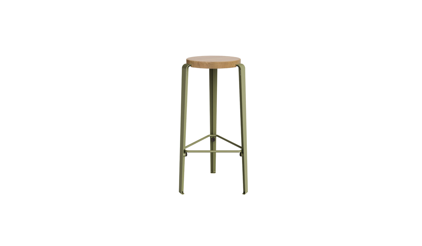 Tabouret de bar Lou 76cm, chêne naturel et acier vert kaki