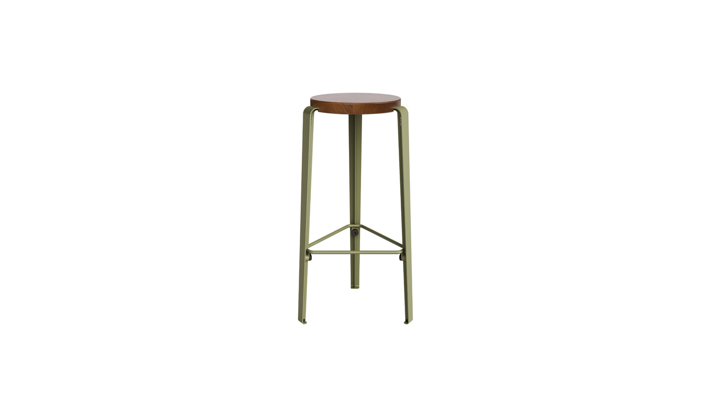 Tabouret de bar Lou 76cm, chêne teinté et acier vert kaki