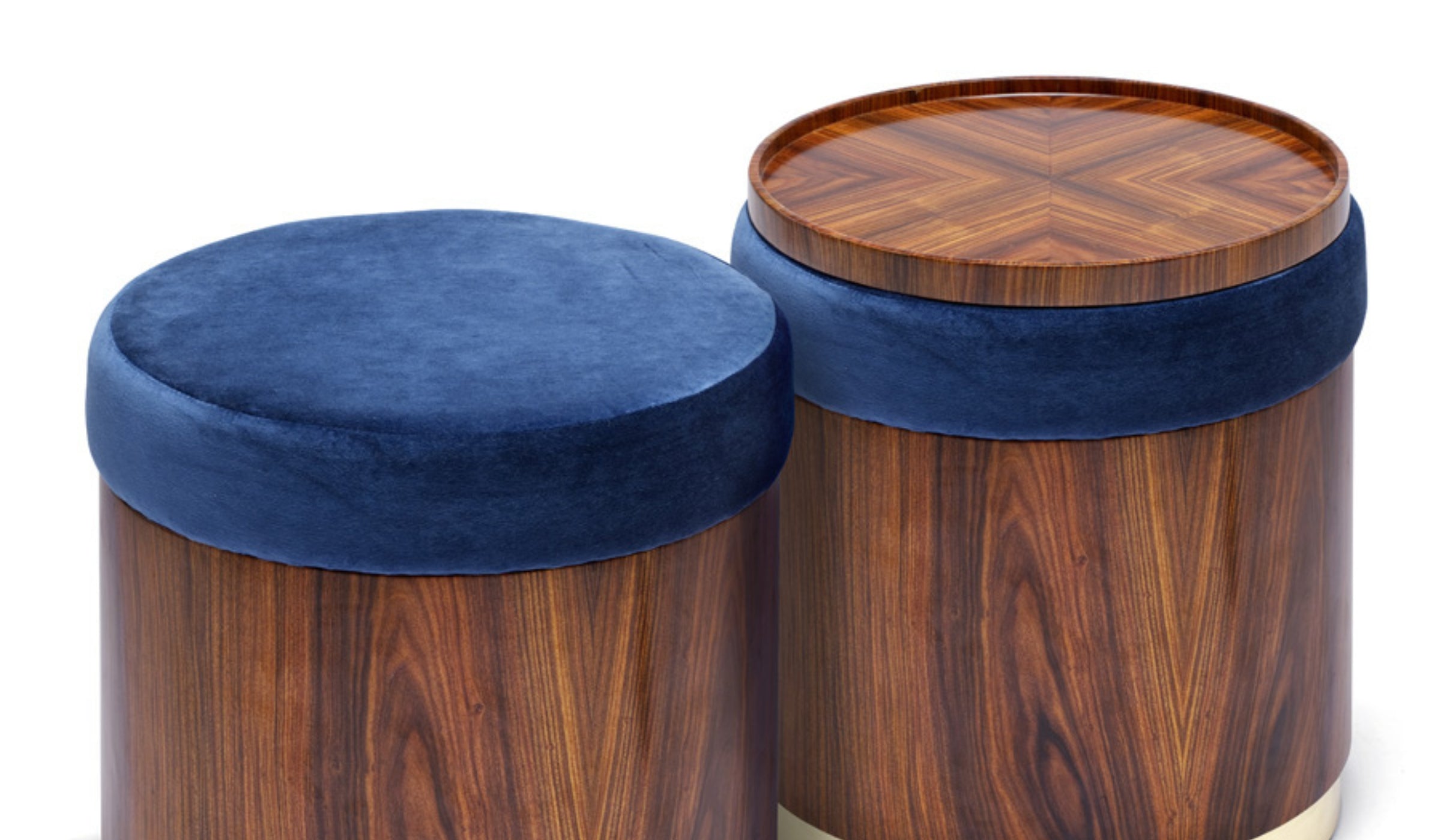 Lune A - Pouf in blue velvet, ironwood and polished brass
