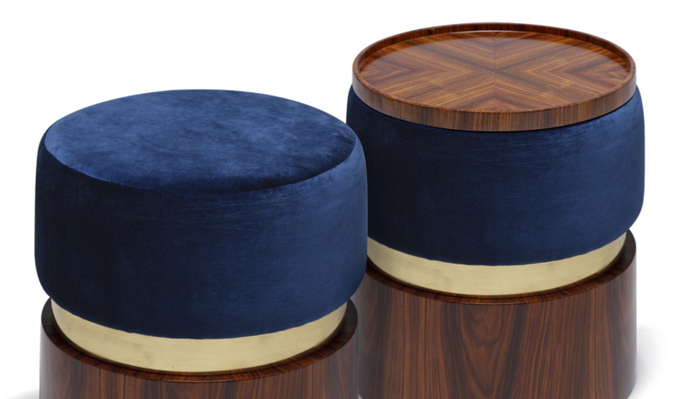 Lune B - Pouf in deep blue velvet, ironwood and polished brass