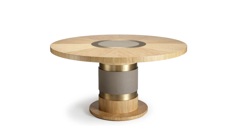 Table de repas ronde Lune, en chêne cérusé, bronze et détails en cuir