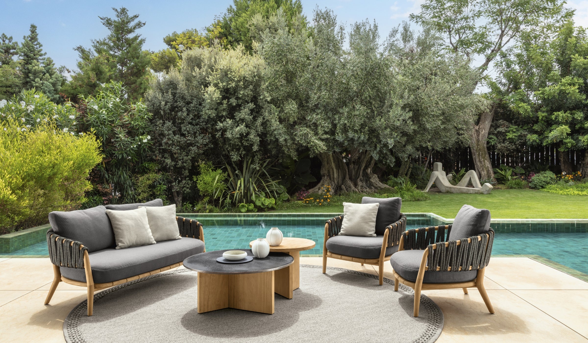 Venice - Outdoor coffee table in accoya wood and lava stone top, volcanic gray