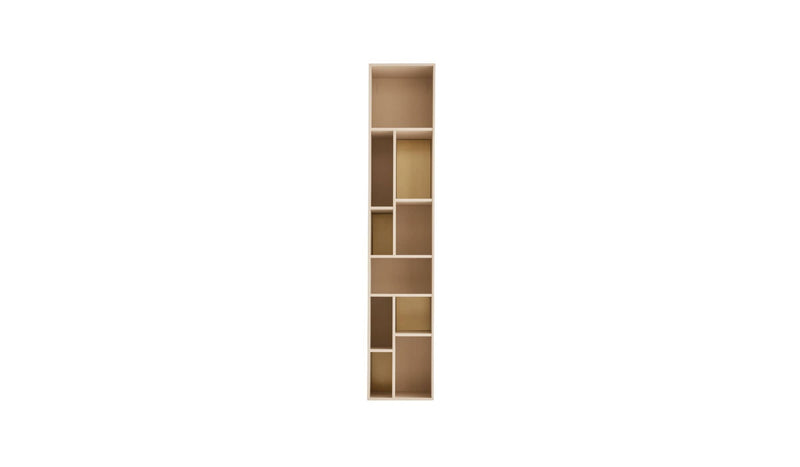 Pangea wall bookcase, in powdered beige lacquered wood &amp; brass inserts