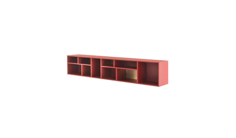 Pangea wall bookcase, in red lacquered wood &amp; brass inserts