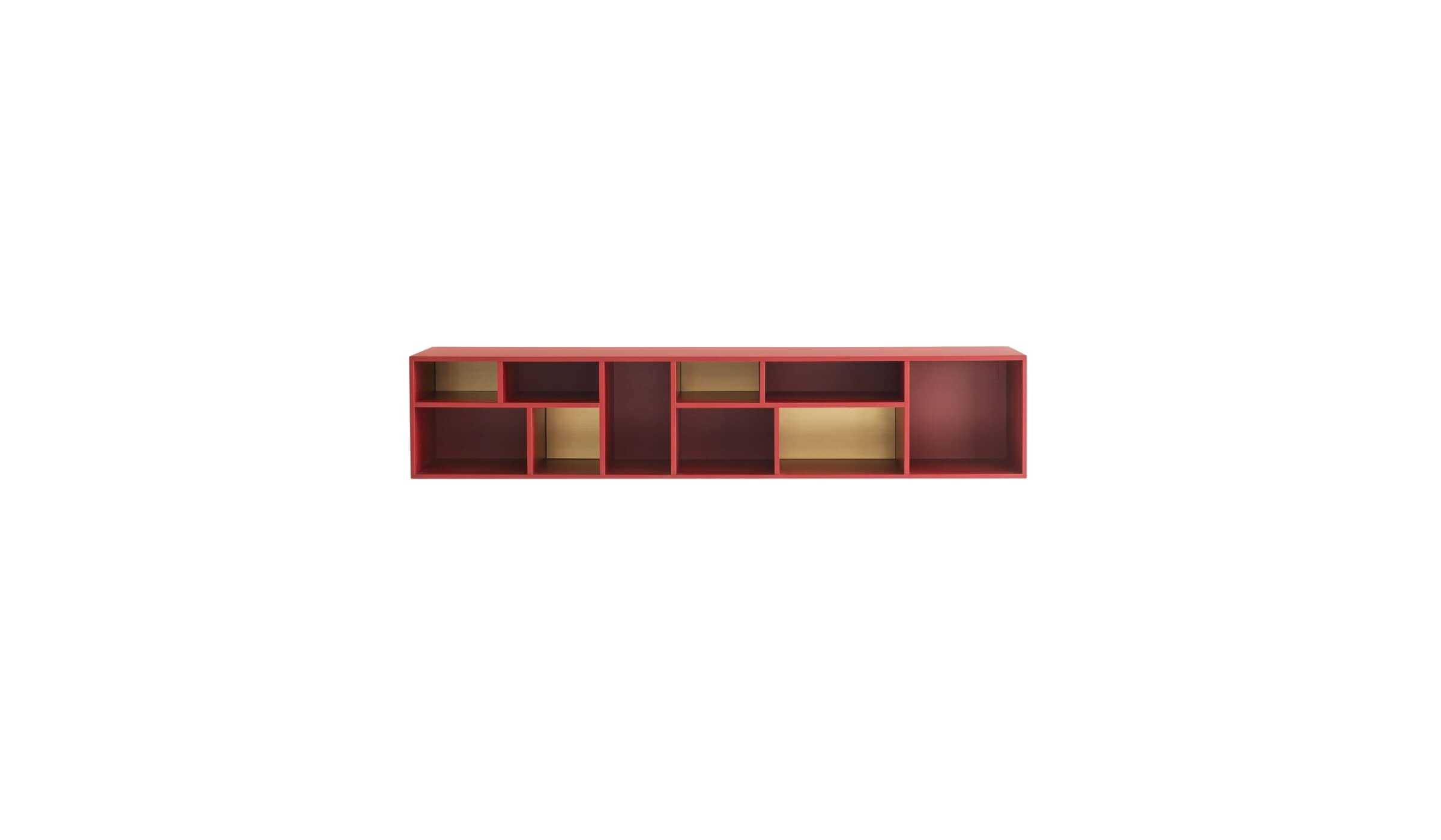 Pangea wall bookcase, in red lacquered wood &amp; brass inserts