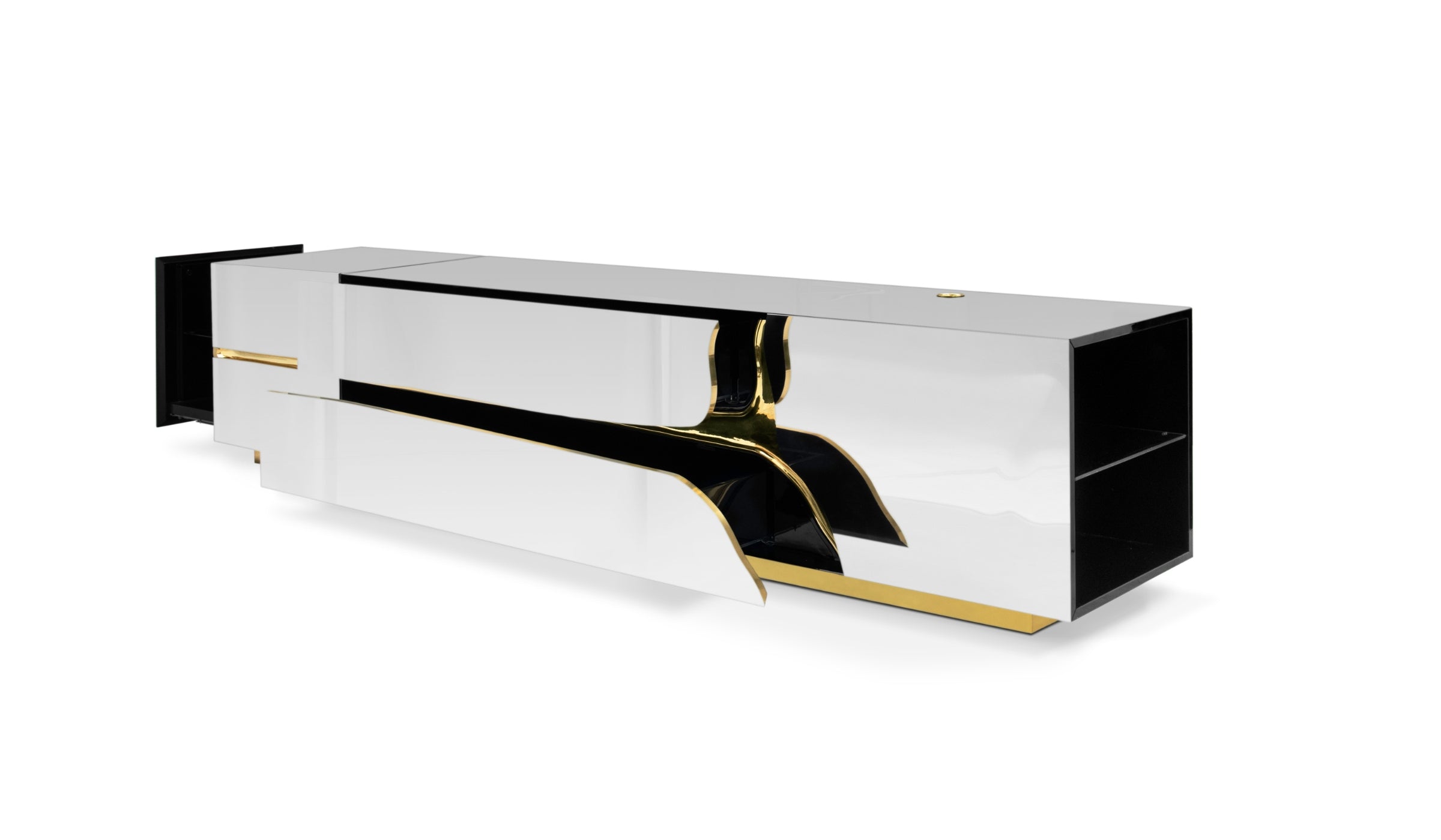 Lapiaz - TV unit in mirrored stainless steel and polished brass