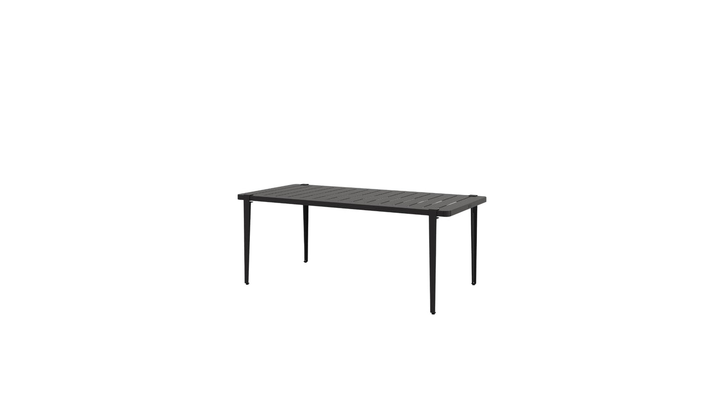 Table rectangulaire Tiptoe modèle Panorama en métal noir graphite, 8 places, présentée sur fond blanc.