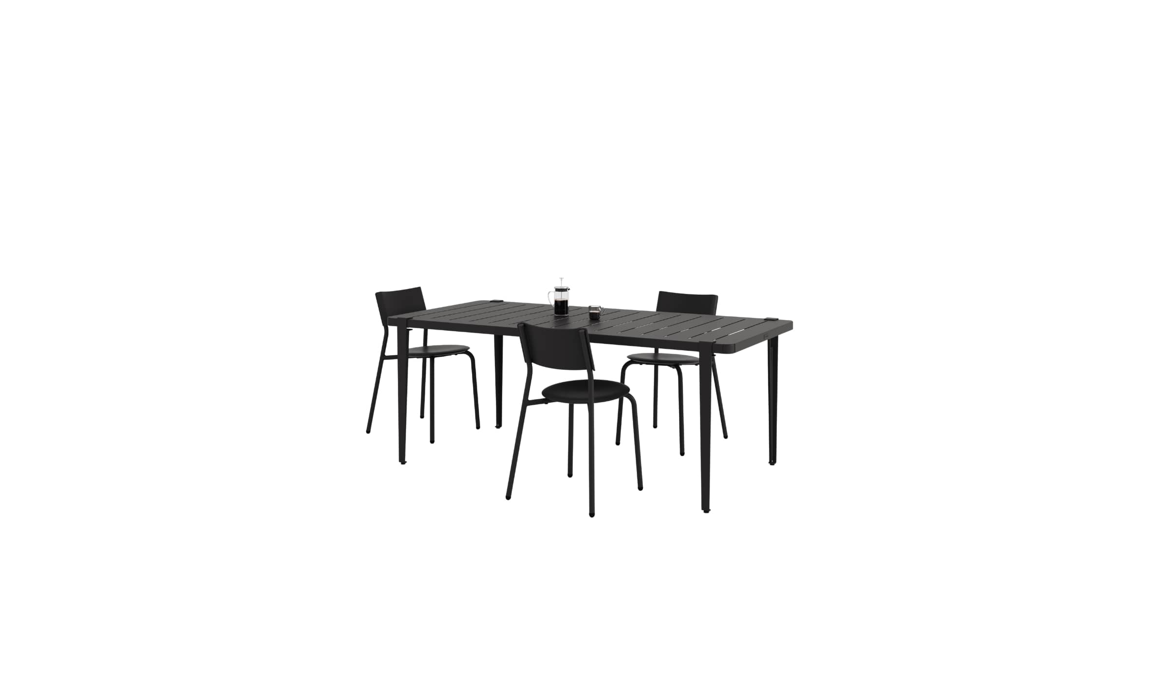 Ensemble de mobilier de jardin design, table rectangulaire et chaises en métal et plastique recyclé noir, Tiptoe.