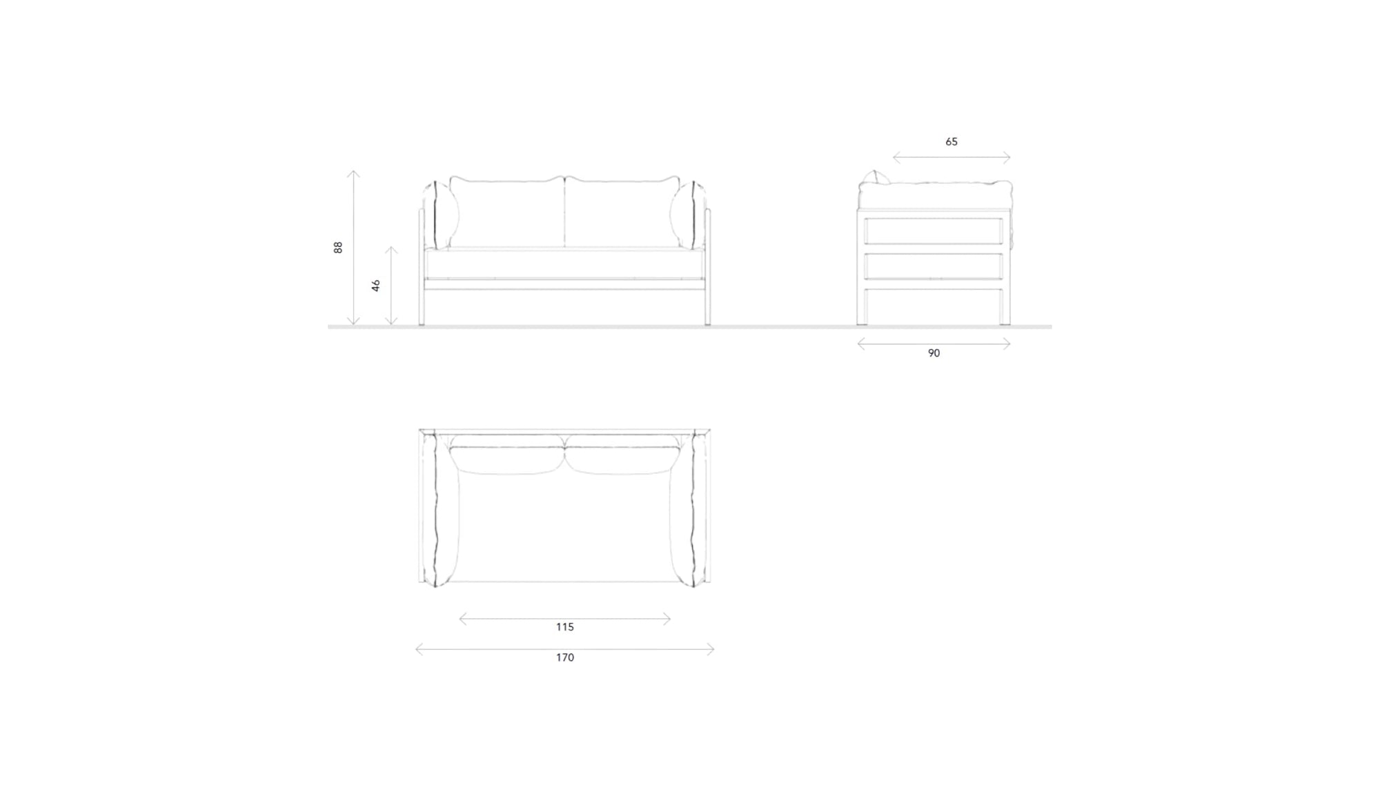 Dimensions canapé 2 places droit modèle Easy en tissu recyclé, structure solide en acier recyclable