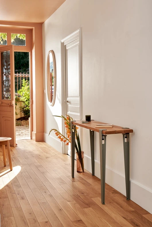 Entrée lumineuse avec parquet bois, console adossée au mur décorée de plantes, porte ouverte sur un jardin verdoyant.