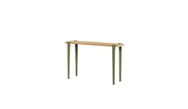Console Tiptoe en bois massif avec piètement métal vert kaki, produit sur fond blanc, vue de trois-quart.