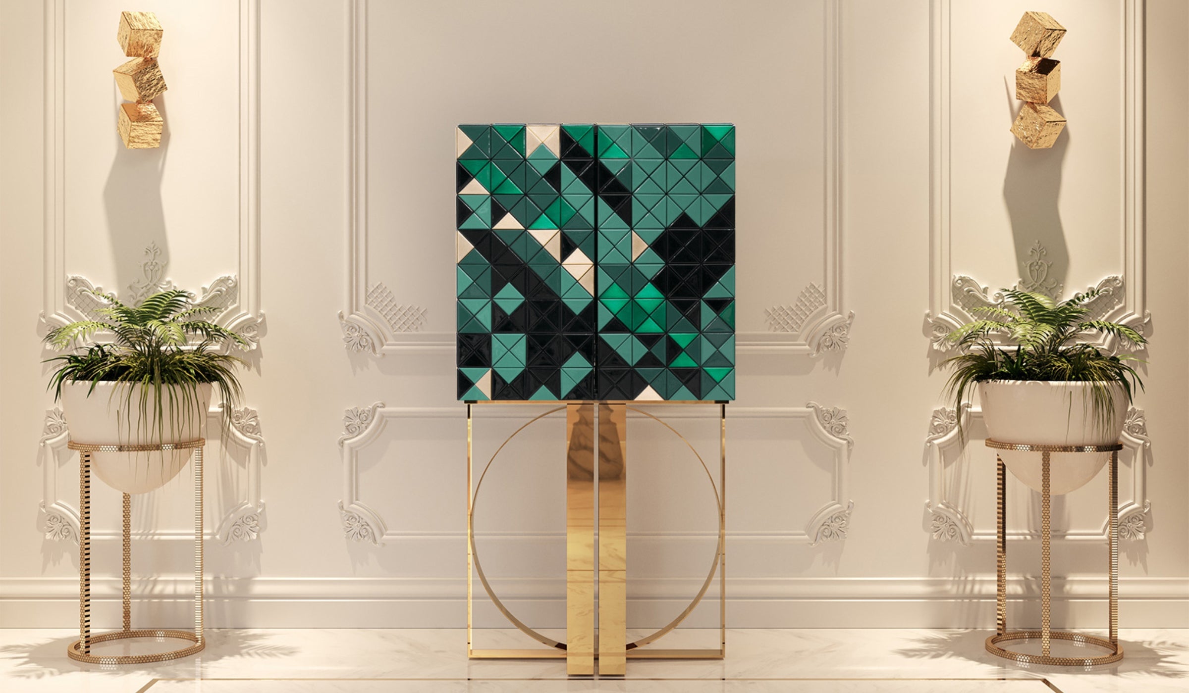 Pixel - Green and gold designer cabinet in wood and brass