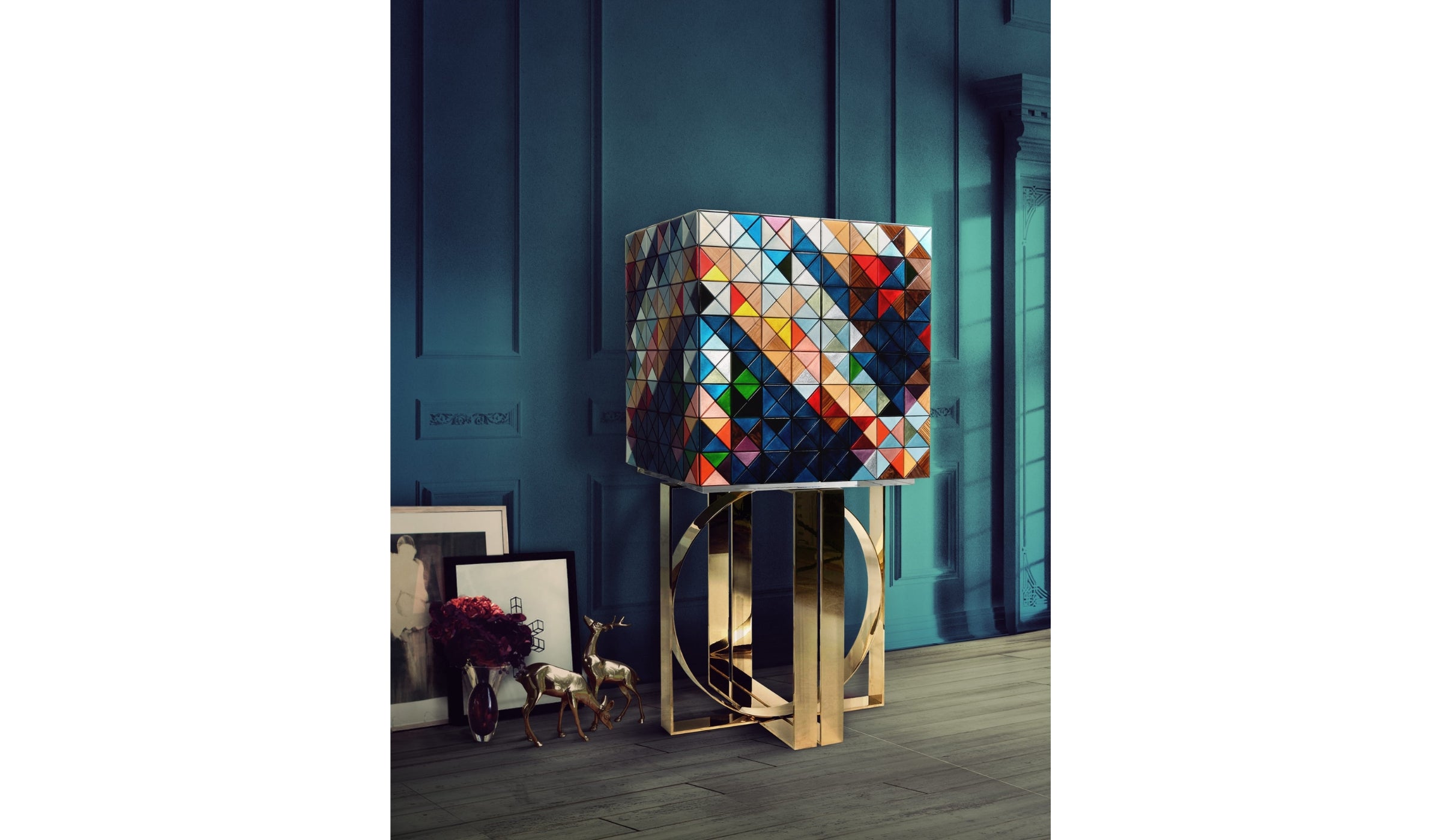 Pixel - Multicolored designer cabinet in wood and brass