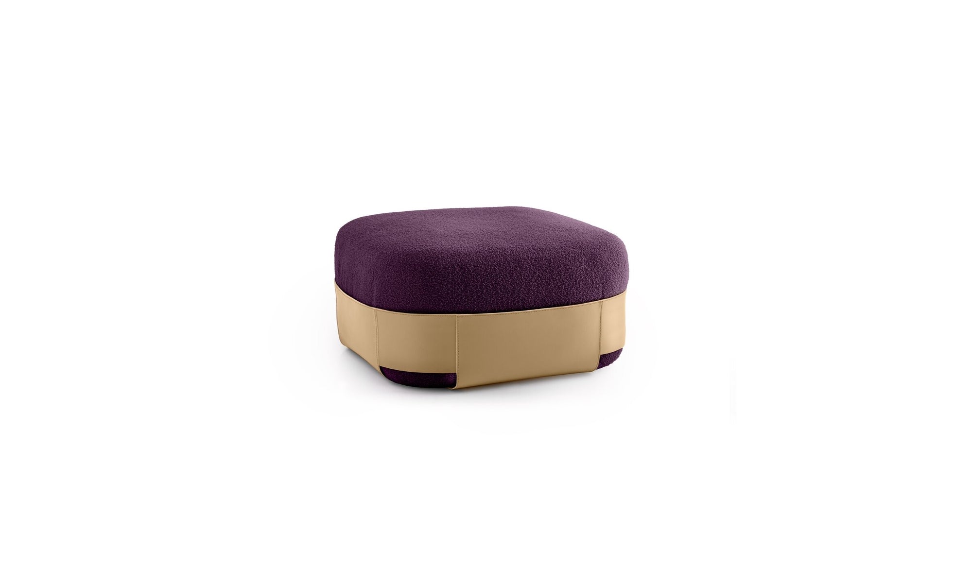 Grand pouf Sumo, laine bouclée violet & cuir naturel