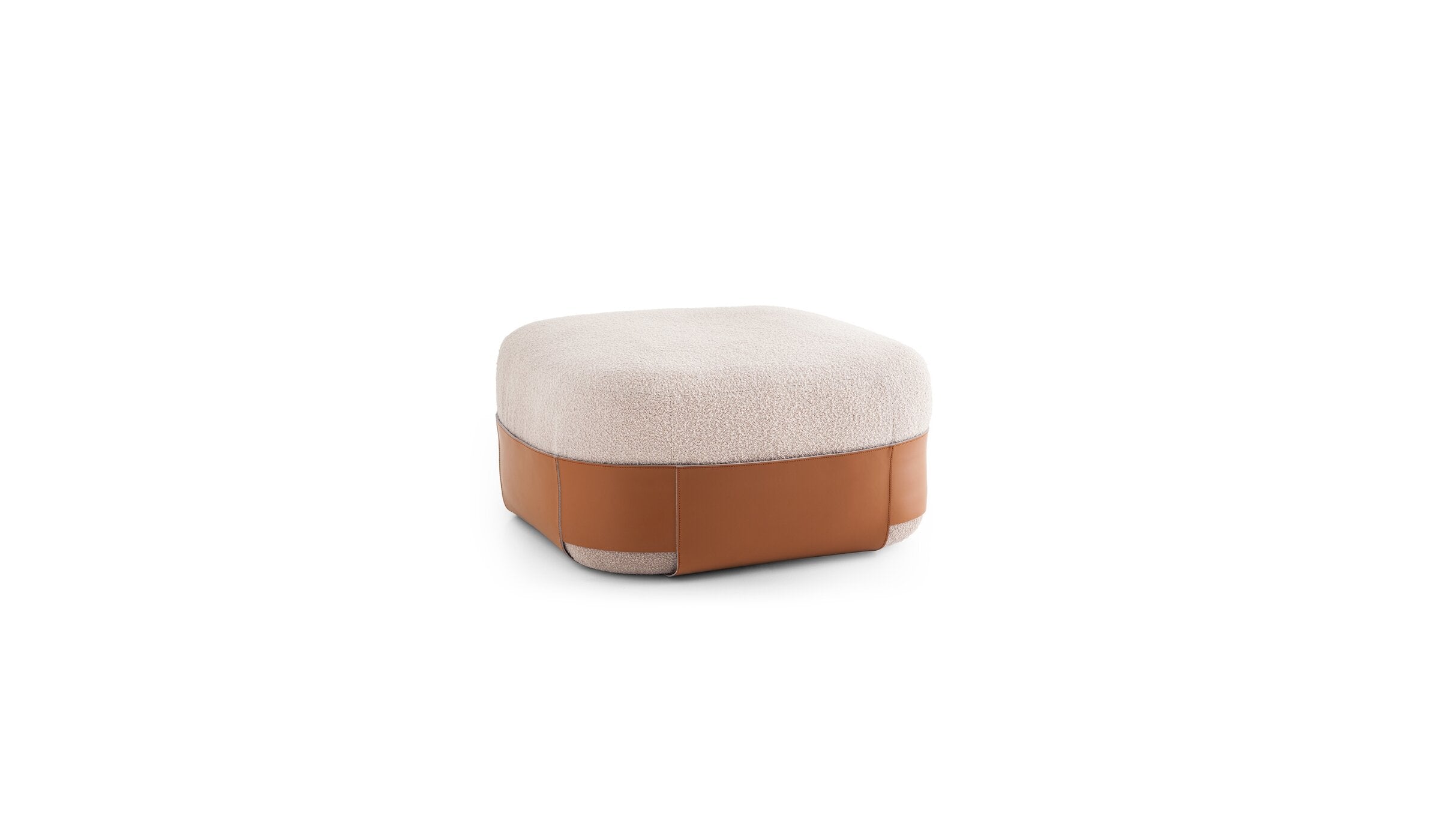 Grand pouf Sumo, laine bouclée beige & cuir cognac