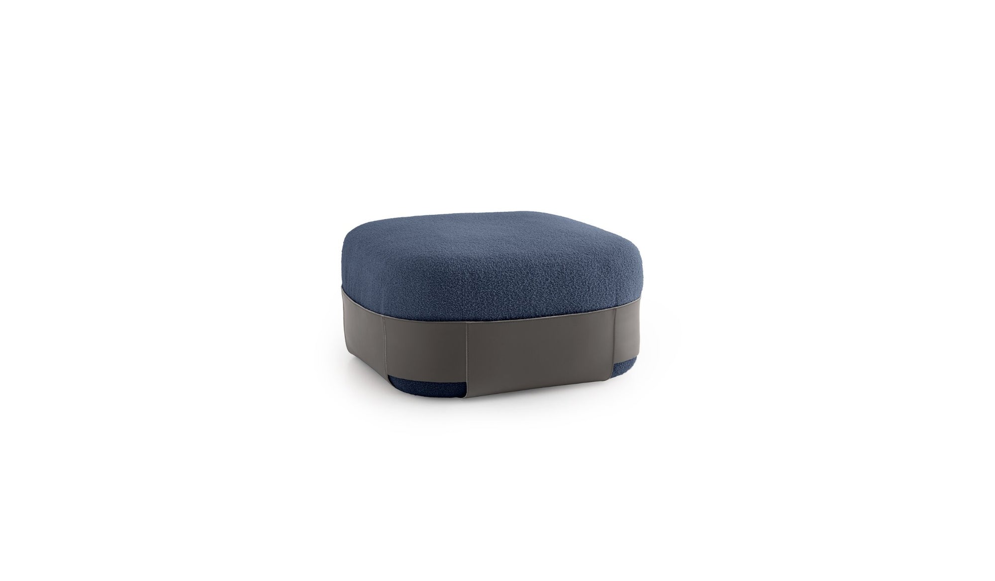 Grand pouf Sumo, laine bouclée bleu & cuir anthracite