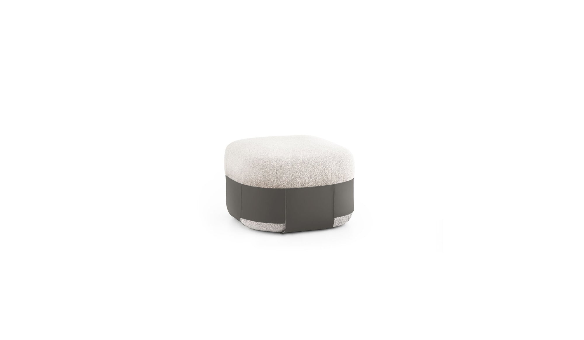 Pouf Sumo, laine bouclée beige & cuir anthracite