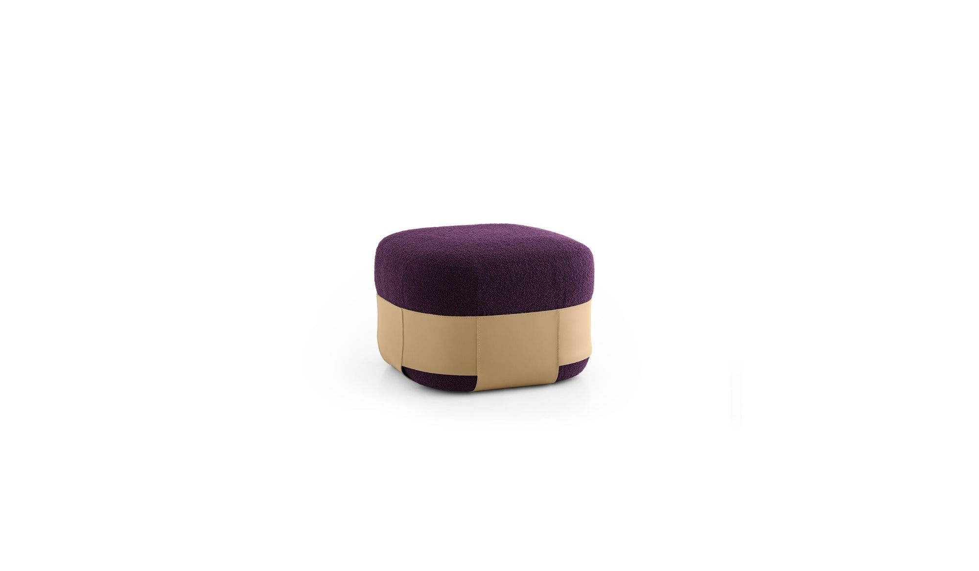 Pouf Sumo, laine bouclée violet & cuir naturel