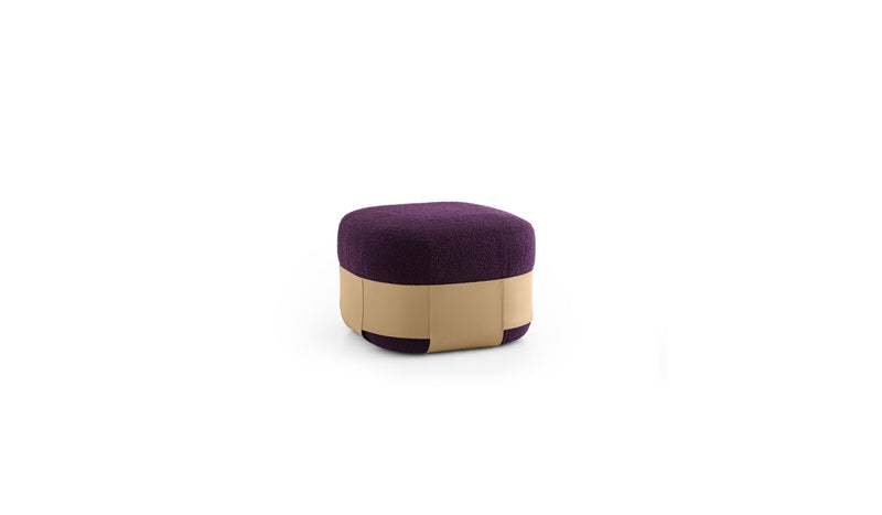 Sumo pouf, purple curly wool &amp; natural leather