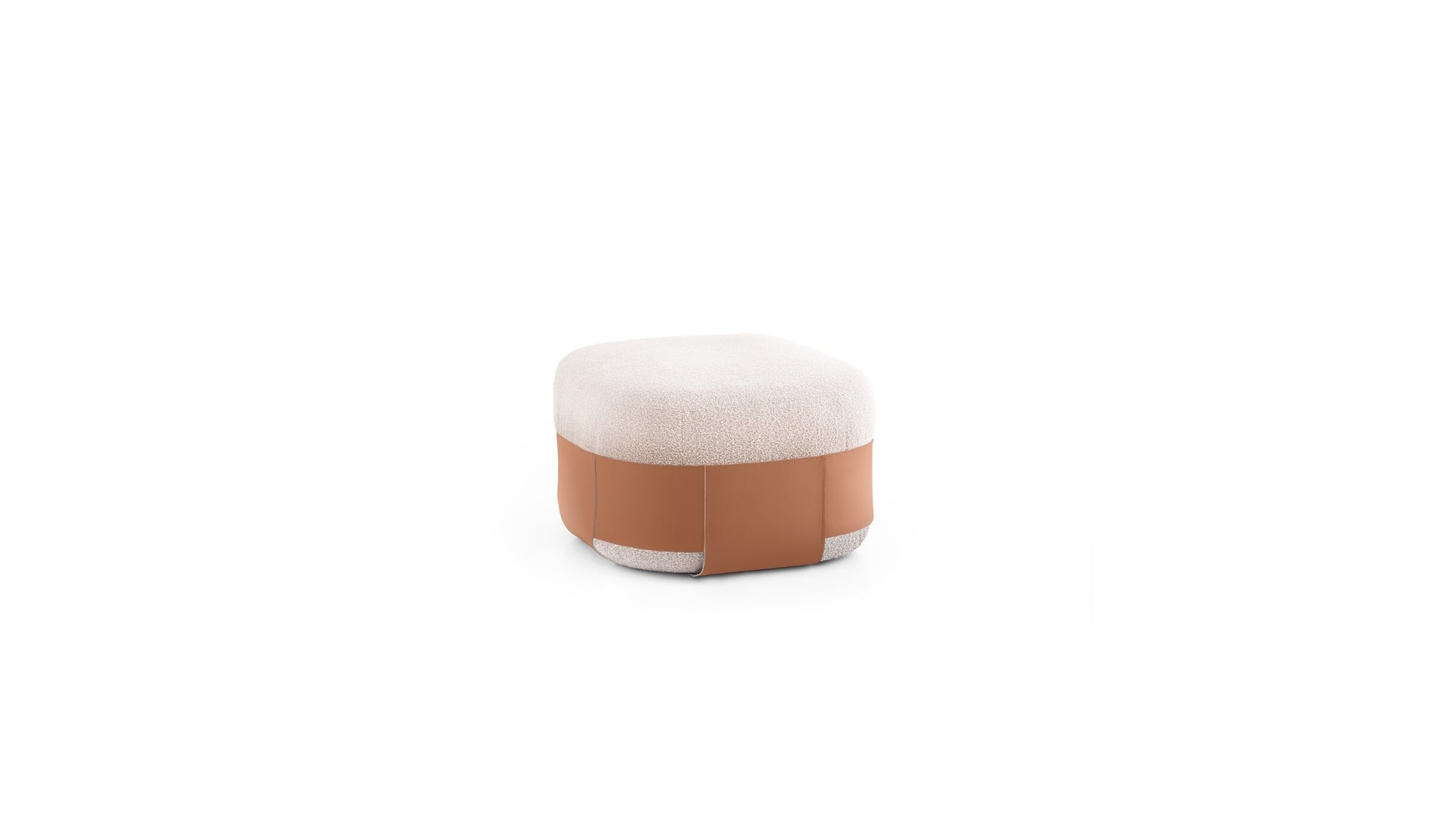 Pouf Sumo, laine bouclée beige & cuir cognac