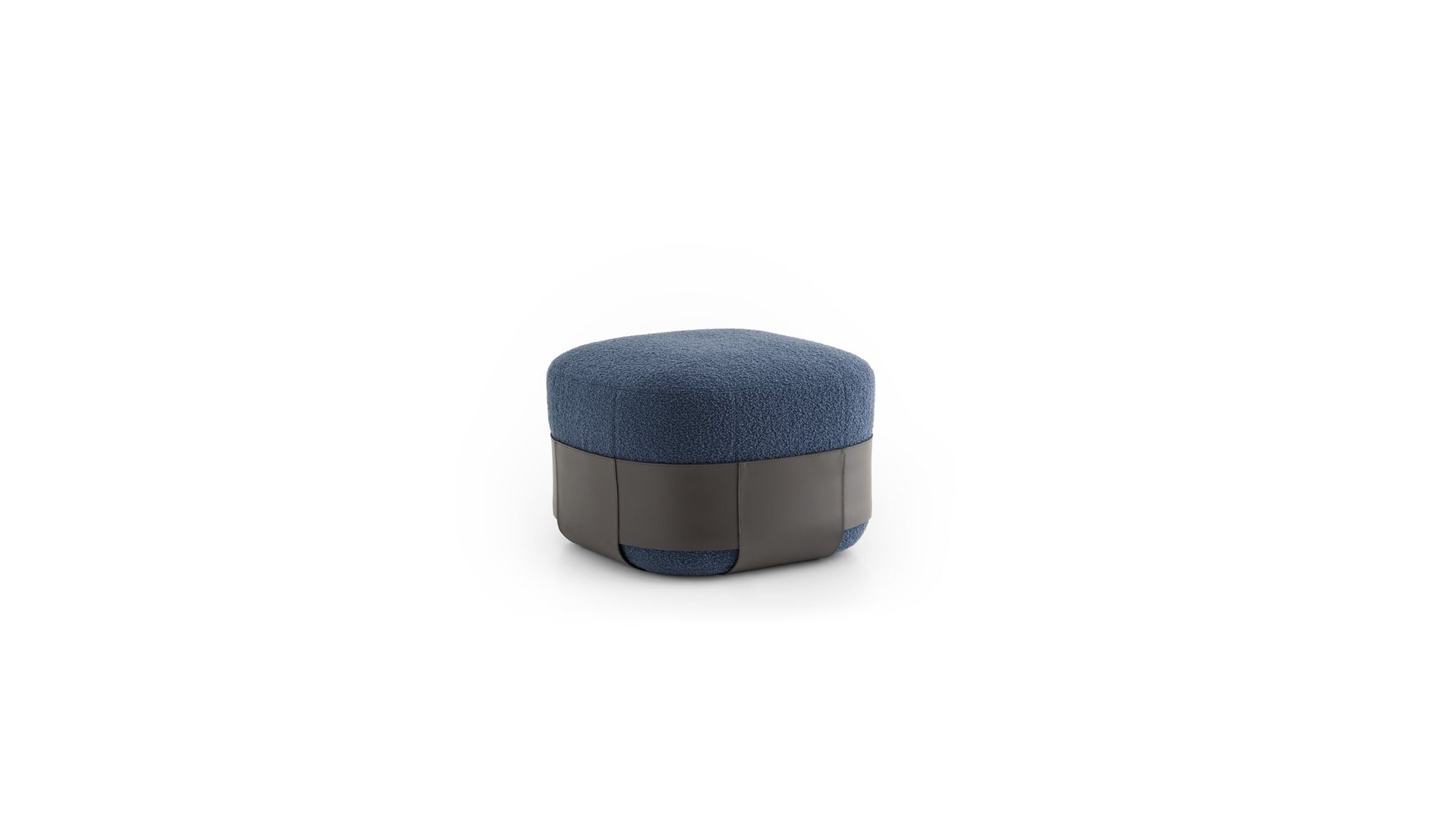 Pouf Sumo, laine bouclée bleu & cuir anthracite