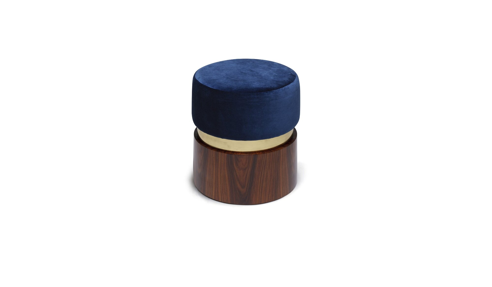 Petit pouf Lune B, en velours bleu profond, laiton poli