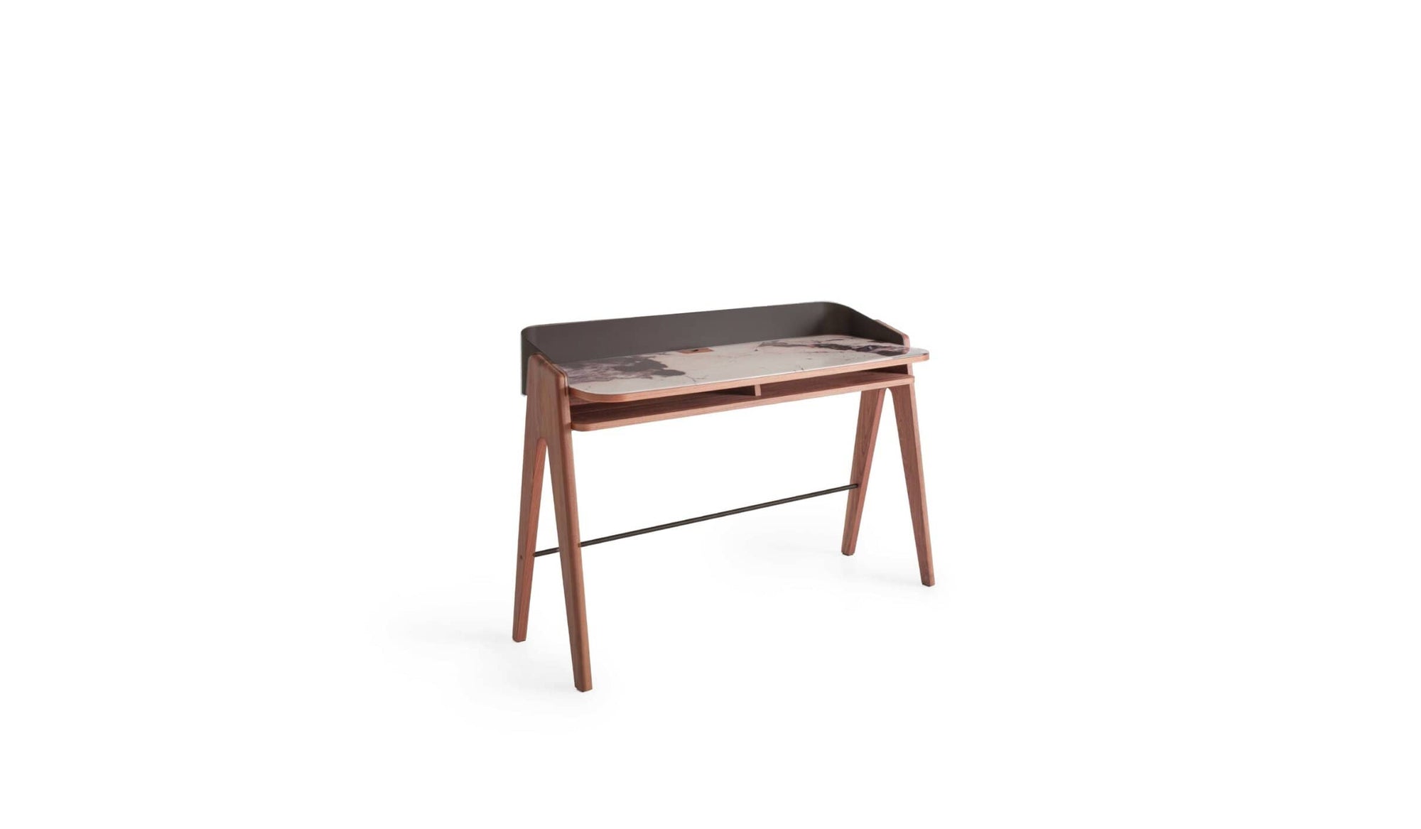 Bureau secrétaire design Bavero, en noyer, métal brun & verre imprimé Patagonia