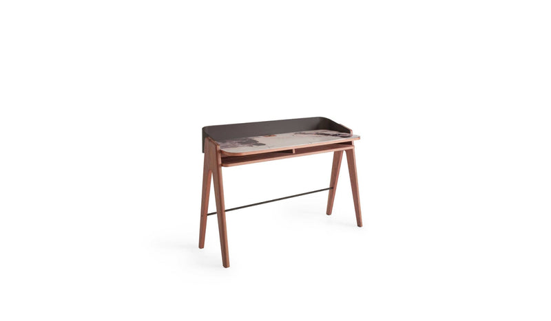 Bureau secrétaire design Bavero, en noyer, métal brun & verre imprimé Patagonia