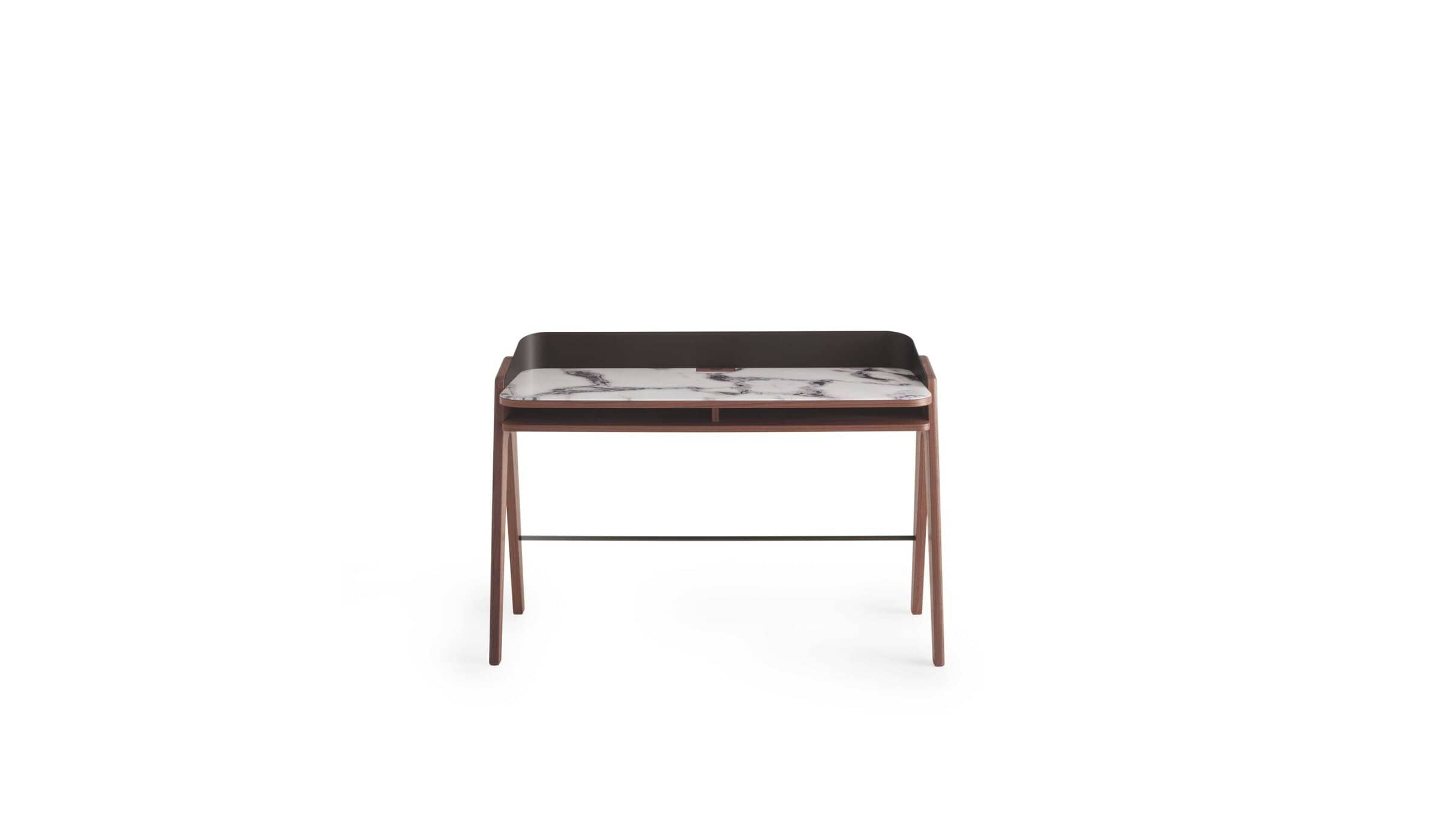 Bureau secrétaire design Bavero, en noyer, métal brun & verre imprimé Trinity