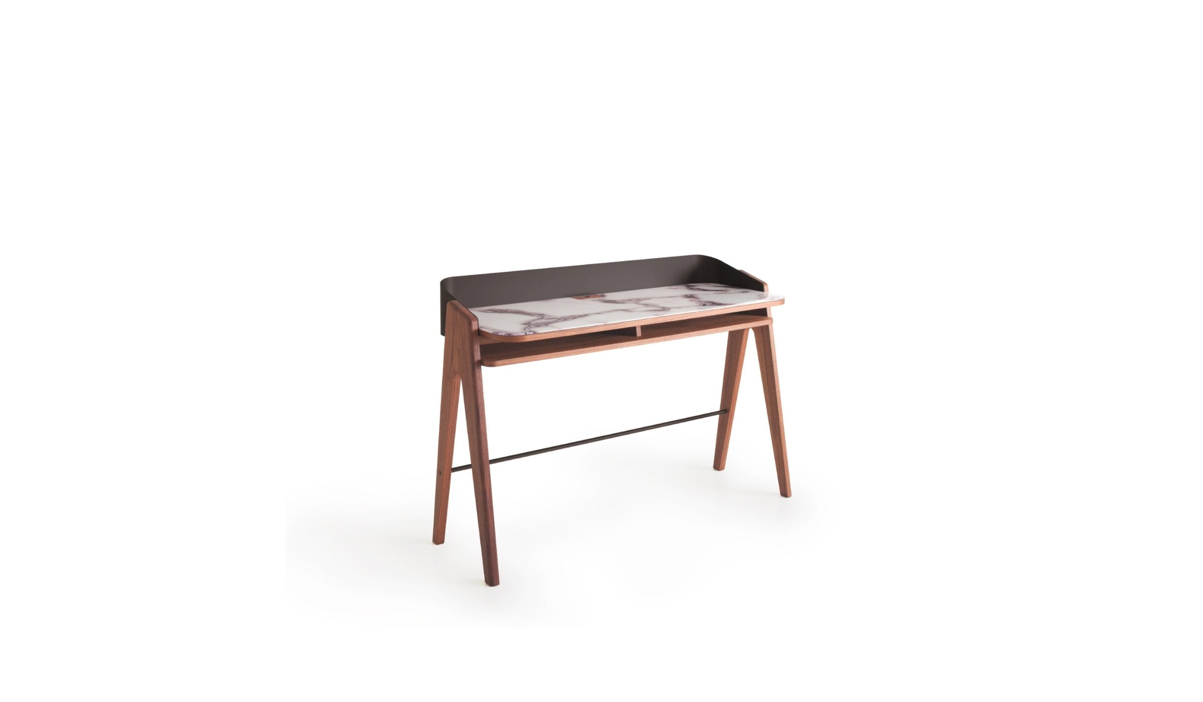 Bureau secrétaire design Bavero, en noyer, métal brun & verre imprimé Trinity