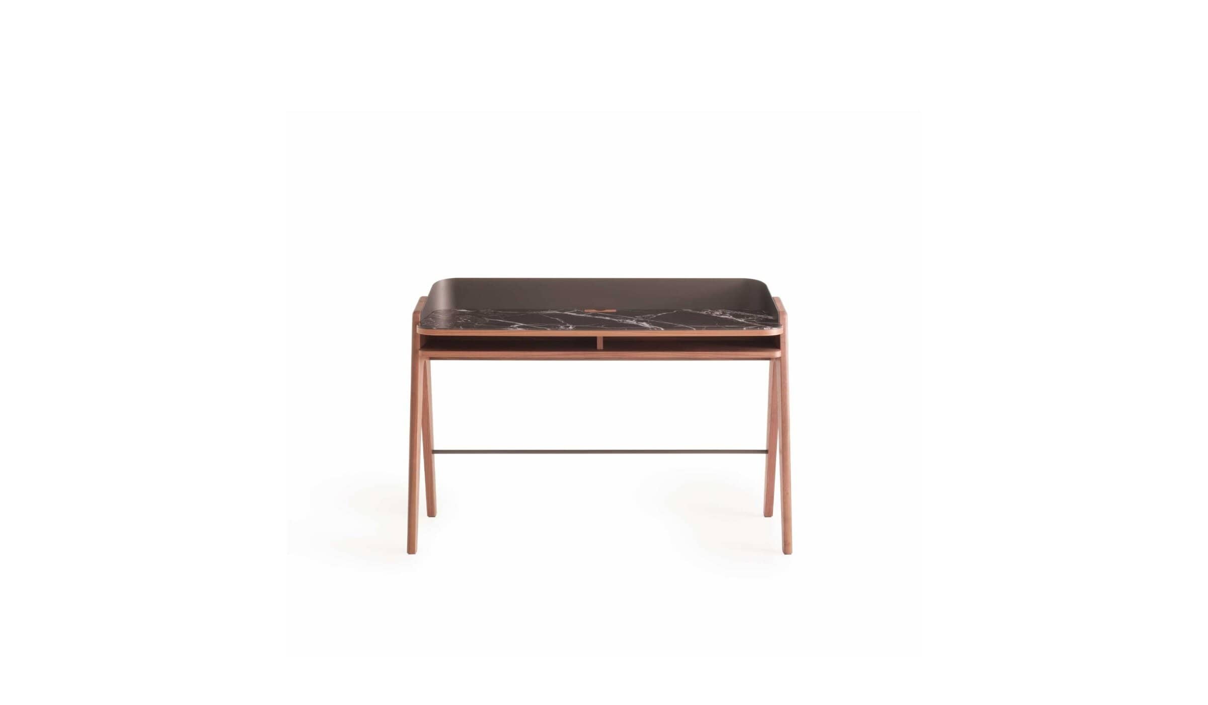 Bavero designer secretary desk, in walnut, brown metal &amp; Breccia printed glass