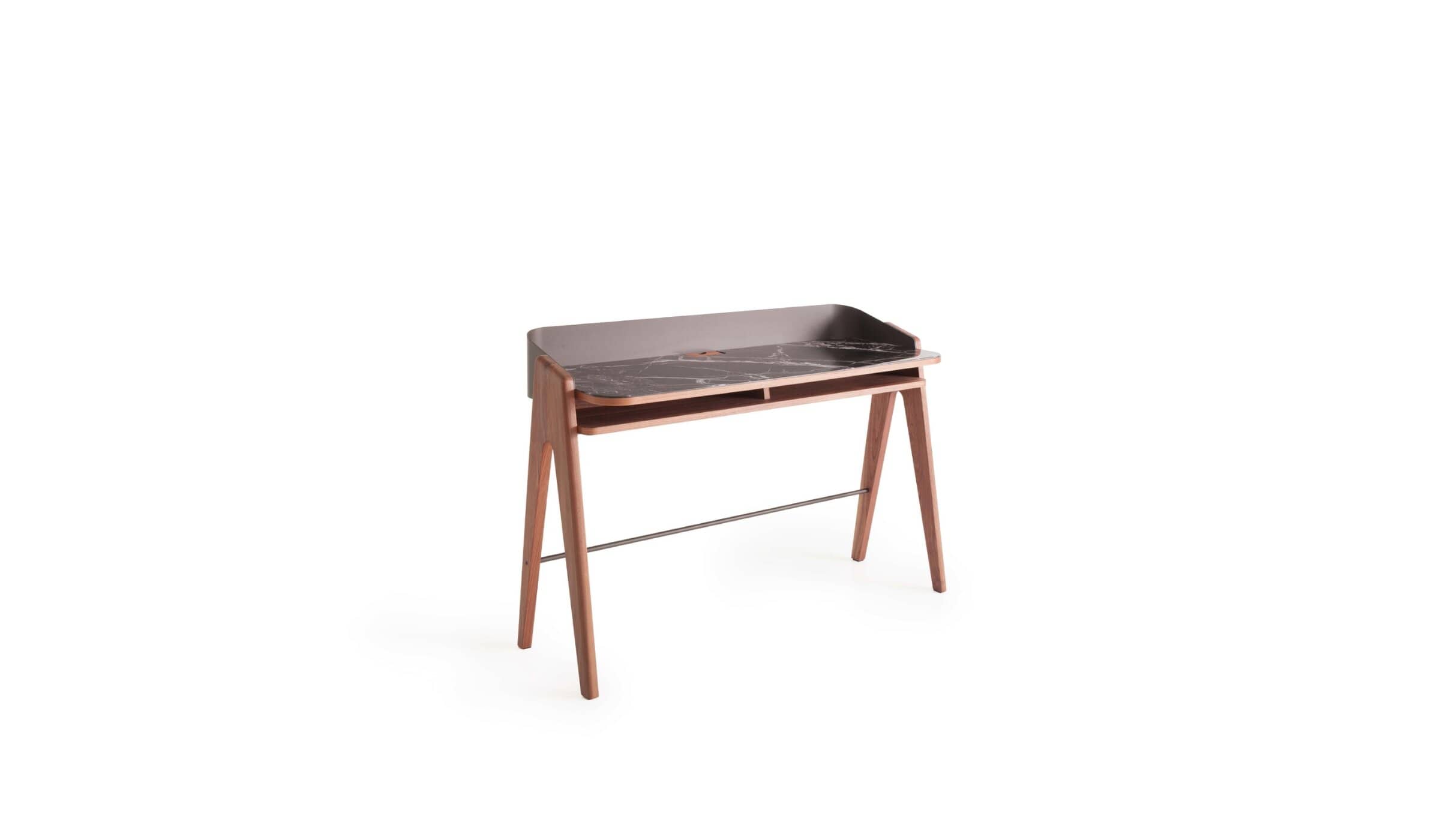 Bavero designer secretary desk, in walnut, brown metal &amp; Breccia printed glass