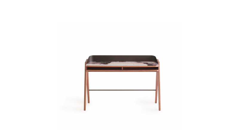 Bavero designer secretary desk, in walnut, brown metal &amp; Patagonia printed glass