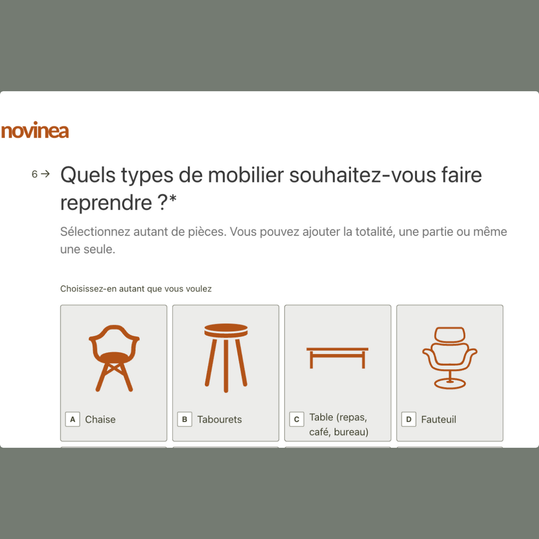 Capture d’écran d’un formulaire novinea demandant les types de mobilier à faire reprendre : chaise, tabouret, table ou fauteuil.